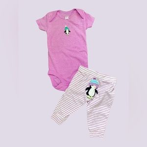 Purple Penguin Baby Girl Matching Pants and Onesie Outfit, Carter’s, Size 3M